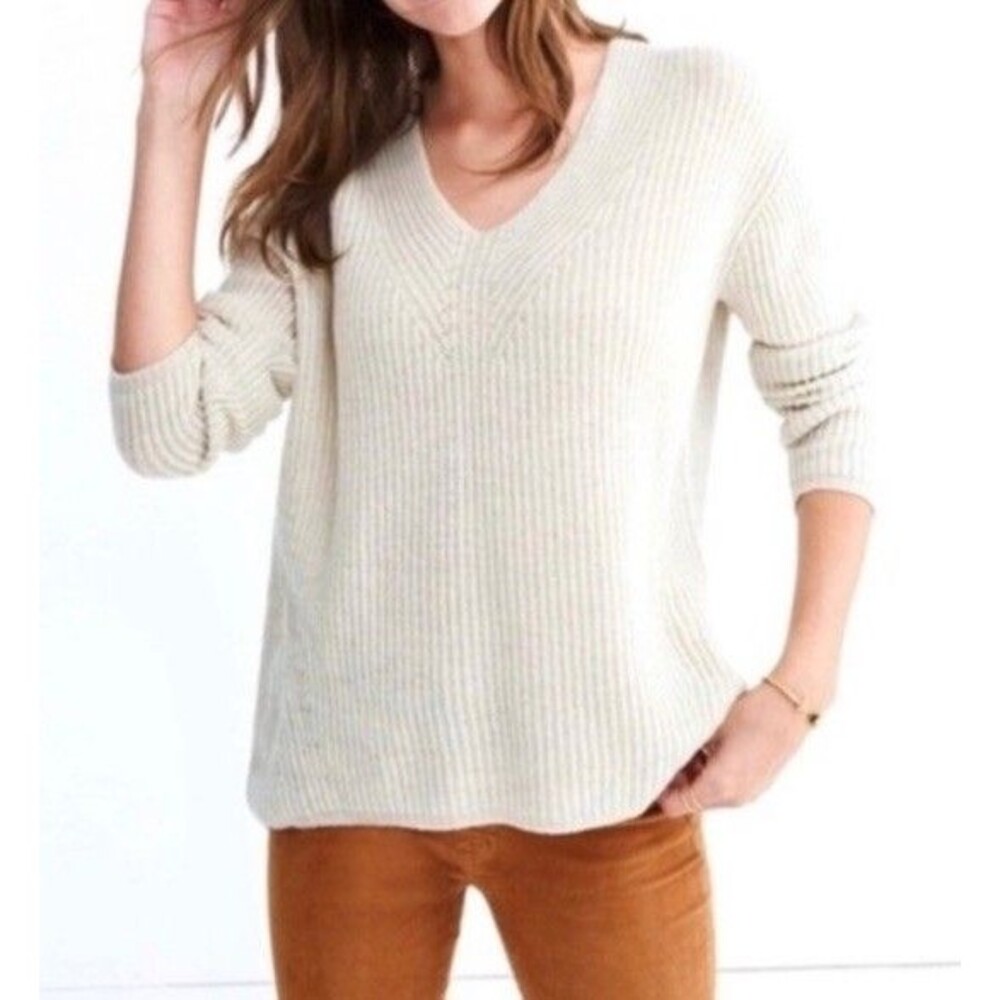Madewell Womens Beige Wool V-Neck Ribbed Sweater Top Oversized  XS